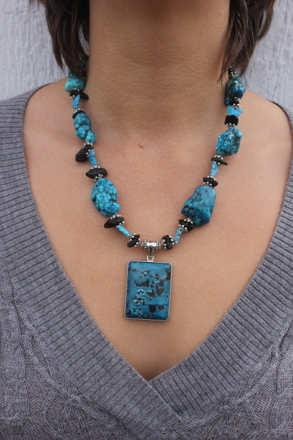 Flower Jasper Pendant on Turquoise & Tektite Necklace Flower Jasper Pendant on Turquoise & Tektite Necklace