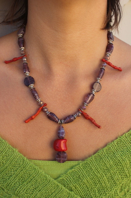 Coral with Purple Beads Necklace
