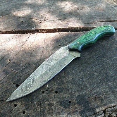 Clip Point Damascus Knife with Green Handle