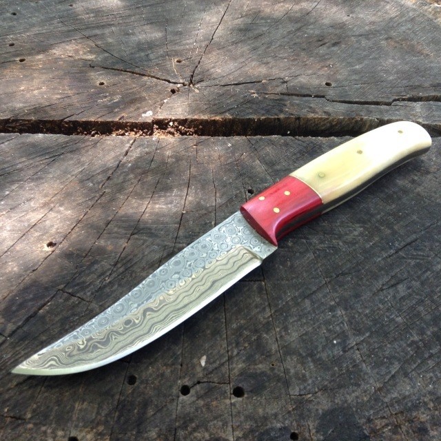 Straight Tip Damascus Steel Knife with Bone &amp; Wood Handle, BY CUSTOM ORDER ONLY
