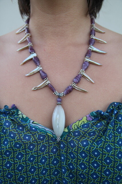 Glass Pendant on Purple Beads &amp; Abalone Shards