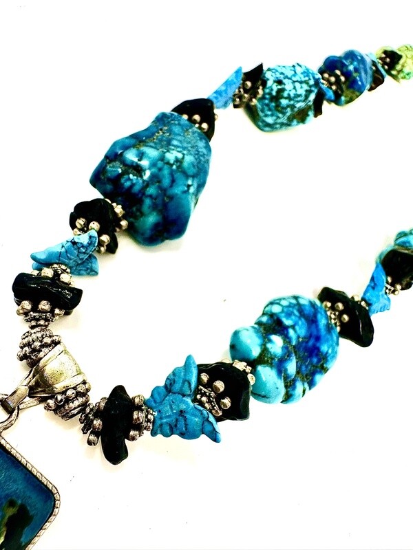Flower Jasper Pendant on Turquoise &amp; Tektite Necklace with Butterflies