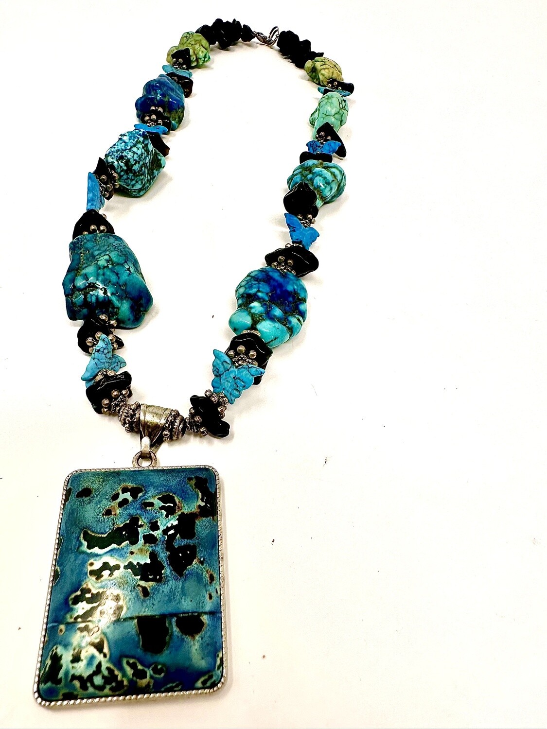 Flower Jasper Pendant on Turquoise &amp; Tektite Necklace with Butterflies