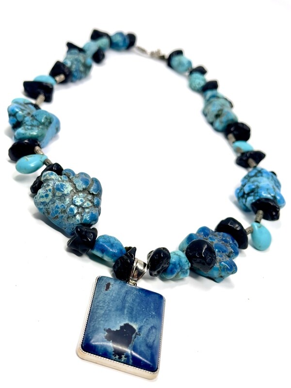 Flower Jasper Pendant on Turquoise &amp; Tektite Necklace with Teardrops