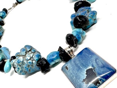 Flower Jasper Pendant on Turquoise & Tektite Necklace with Teardrops