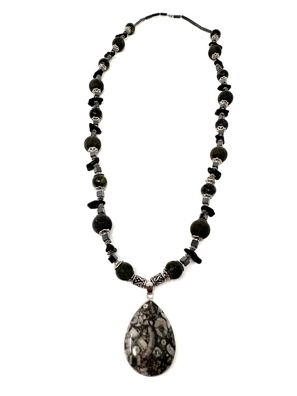 Tektite, Jasper, &amp; Hematite Necklace with Fossil Pendant