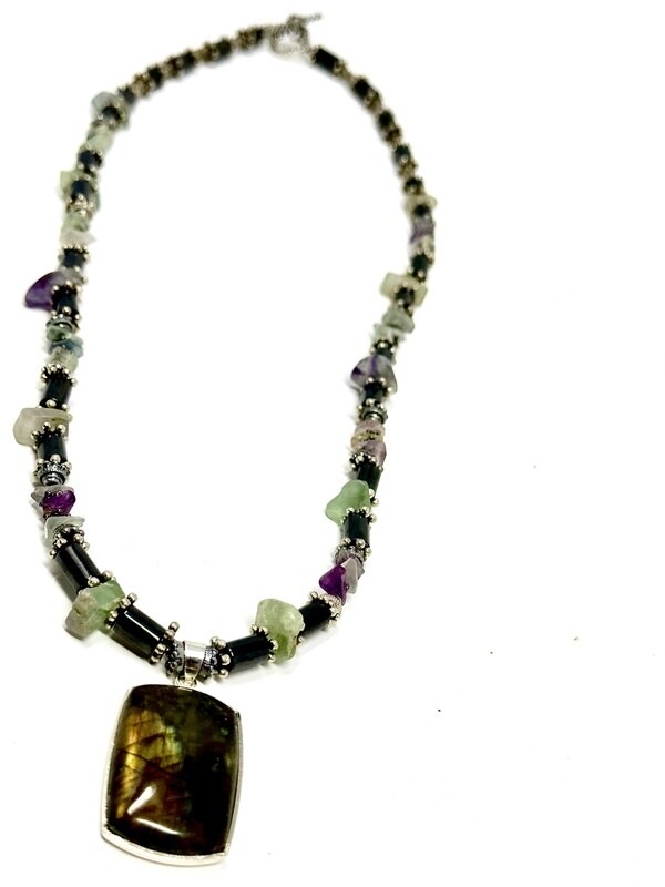 Rectangle Labradorite on Fluorite &amp; Hematite Necklace