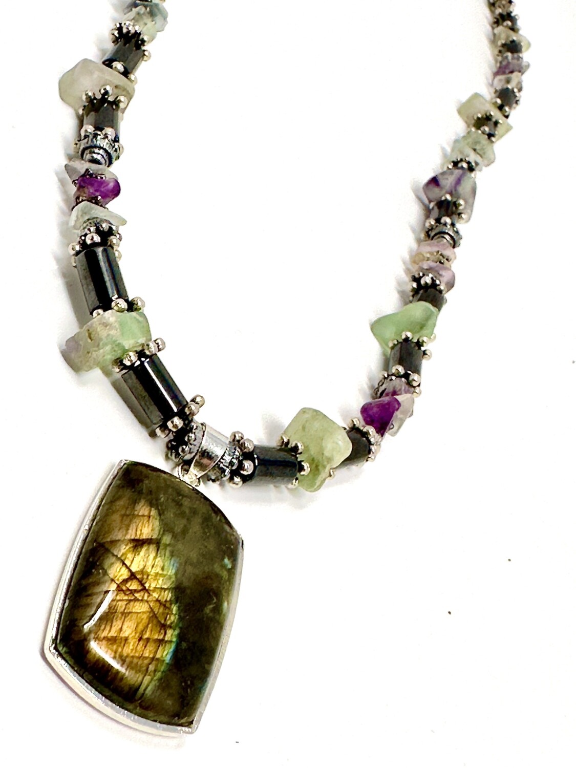 Rectangle Labradorite on Fluorite &amp; Hematite Necklace