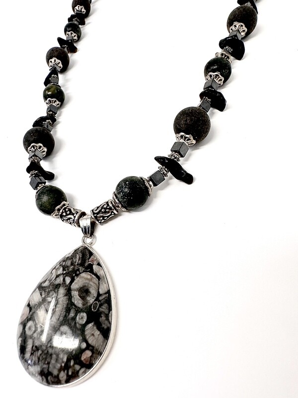 Tektite, Jasper, &amp; Hematite Necklace with Fossil Pendant