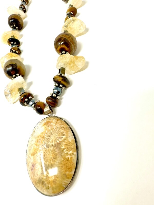 Flower Jasper on Citrine and Tiger's Eye Necklace