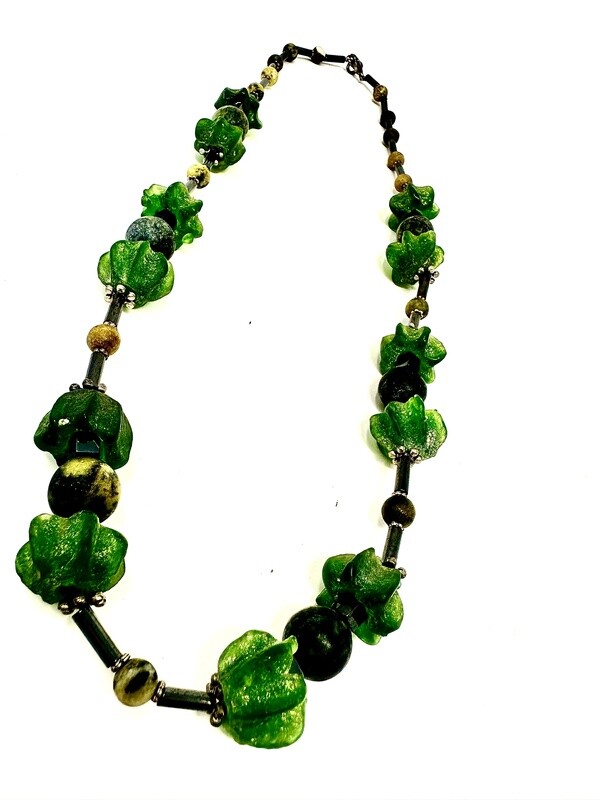Handmade Green African Glass with Jasper and Hematite Necklace