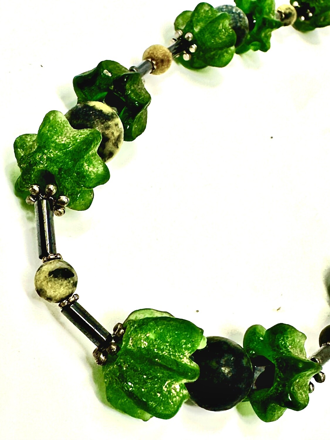 Handmade Green African Glass with Jasper and Hematite Necklace