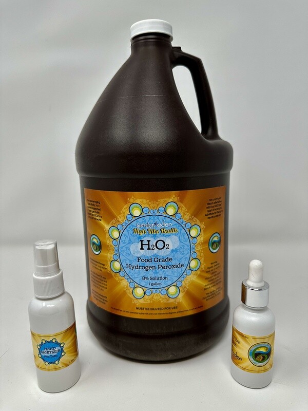 High Vibe Health from The Garden of Eden 1 gallon 8% Food Grade Hydrogen Peroxide, brown bottle