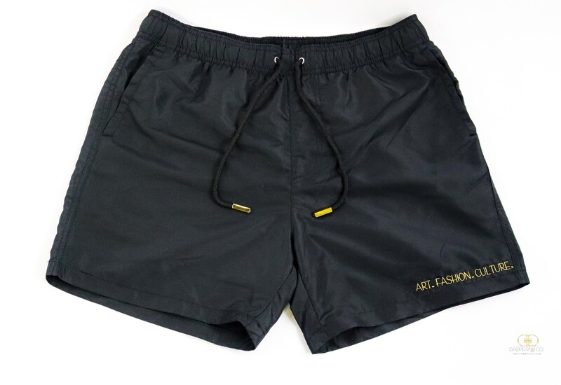 &quot;Paradise&quot; Swim Short in Black/Gold (Tagline Edition)