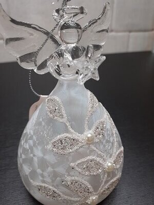 Light up glass angel, frosted leaf pattern with pearl
