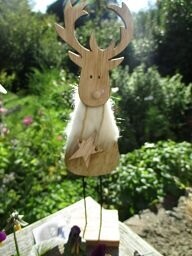 Standing Wood Reindeer with white faux fur hairy chest