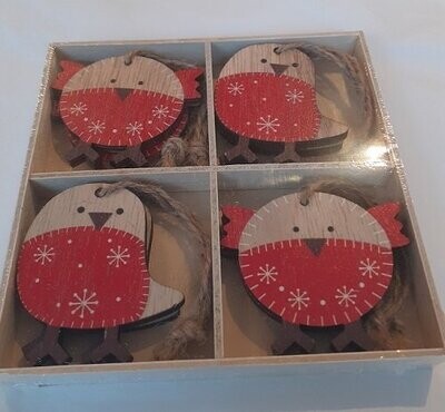 Set of 8 Wood Robin Decorations, boxed