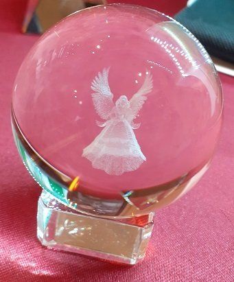 Glass sphere with glass stand, 3D lasered angel