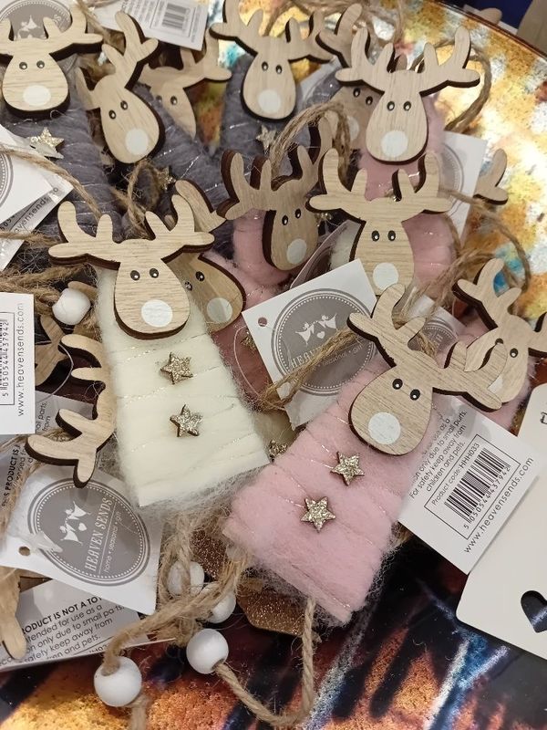 Wooden reindeer with wool dress hanging decoration