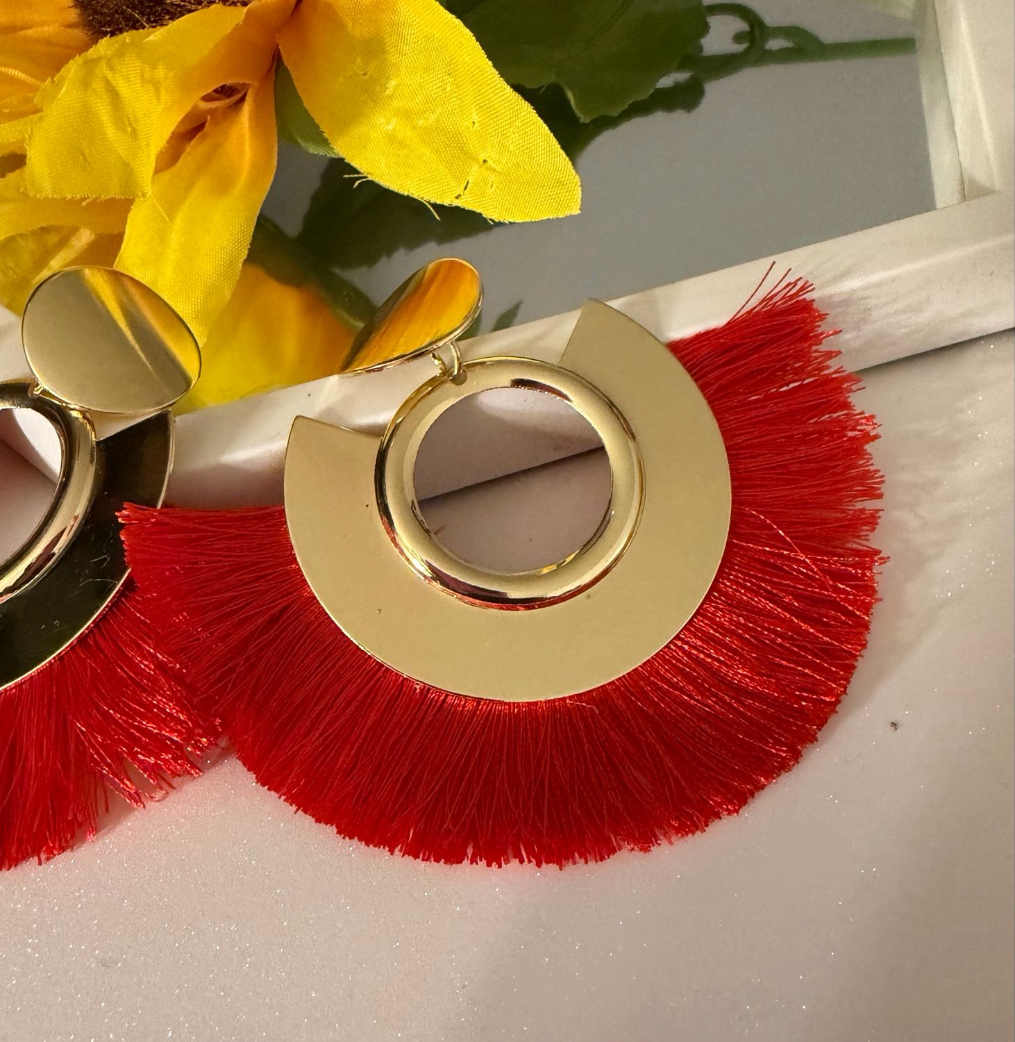 Red Golden Bloom Fringe Earrings