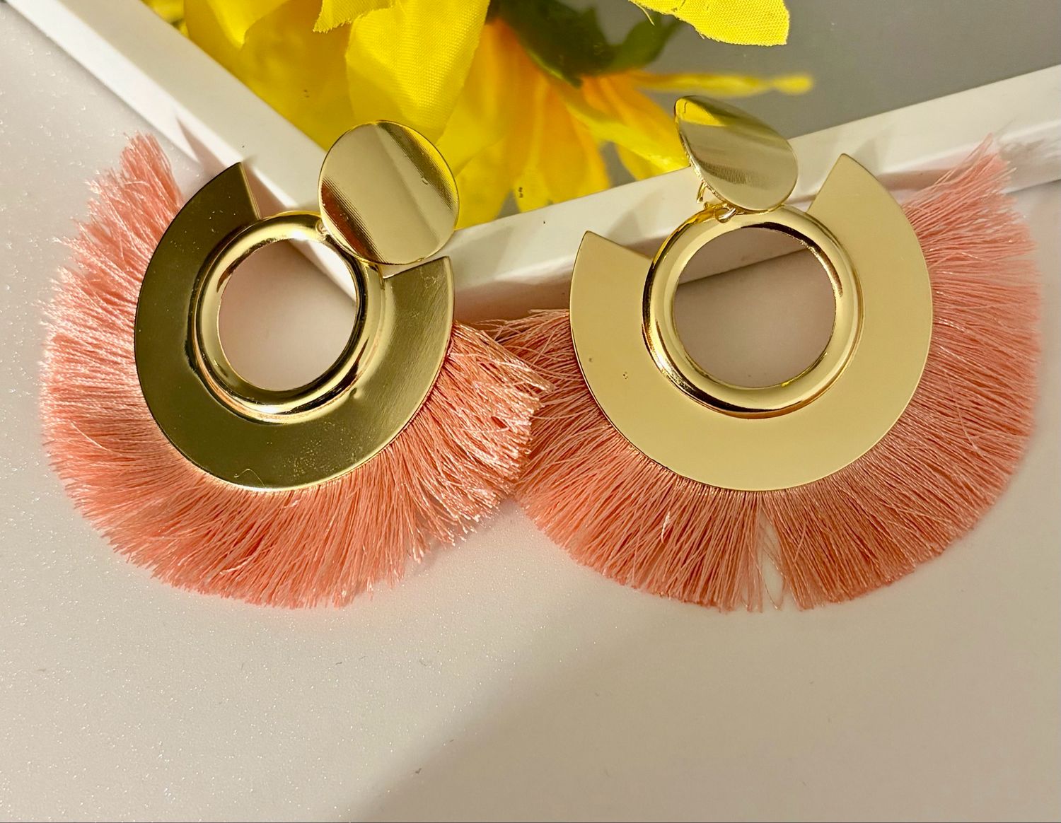Pink Golden Bloom Fringe Earrings