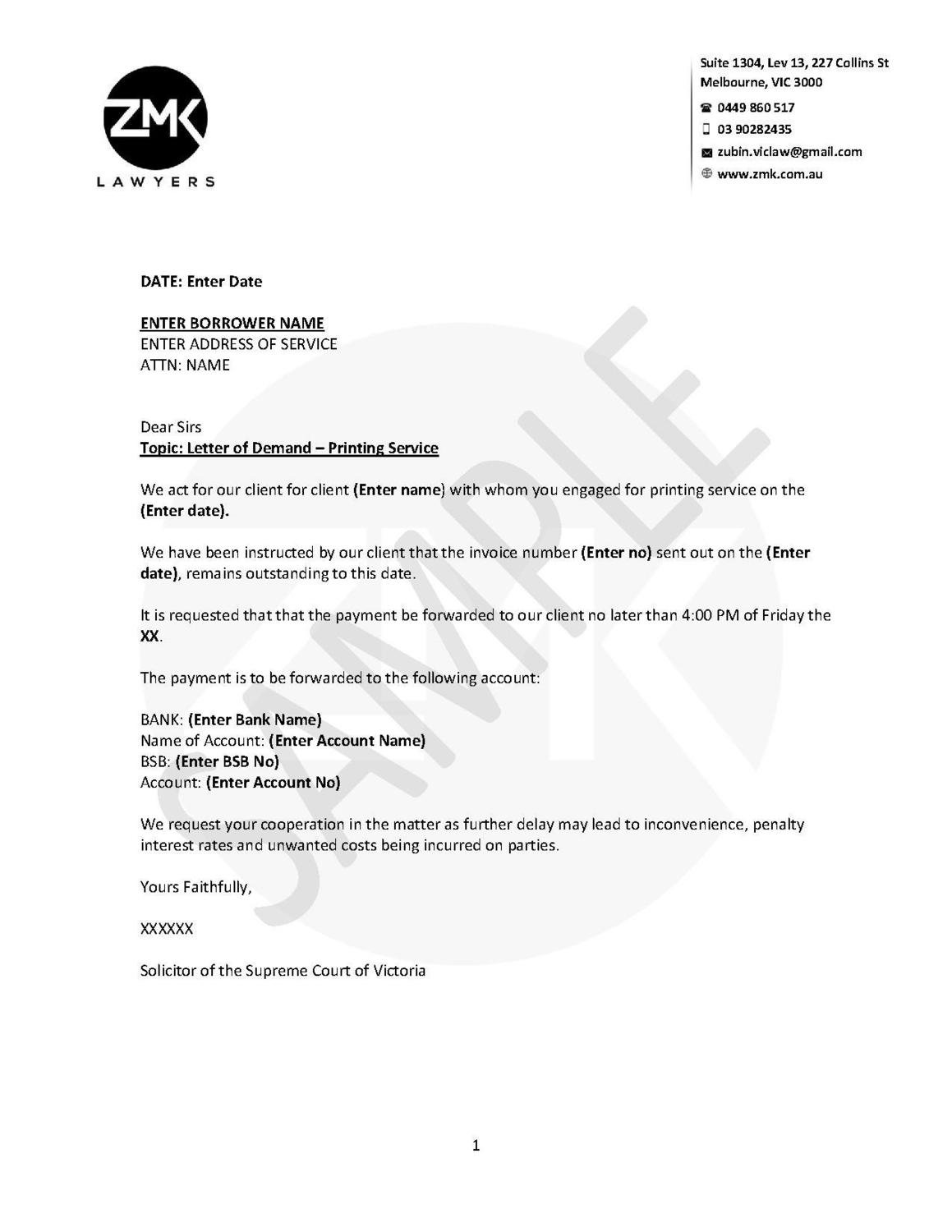 Letter of Demand - Unpaid Printing Service Letter of Demand - Unpaid Printing Service