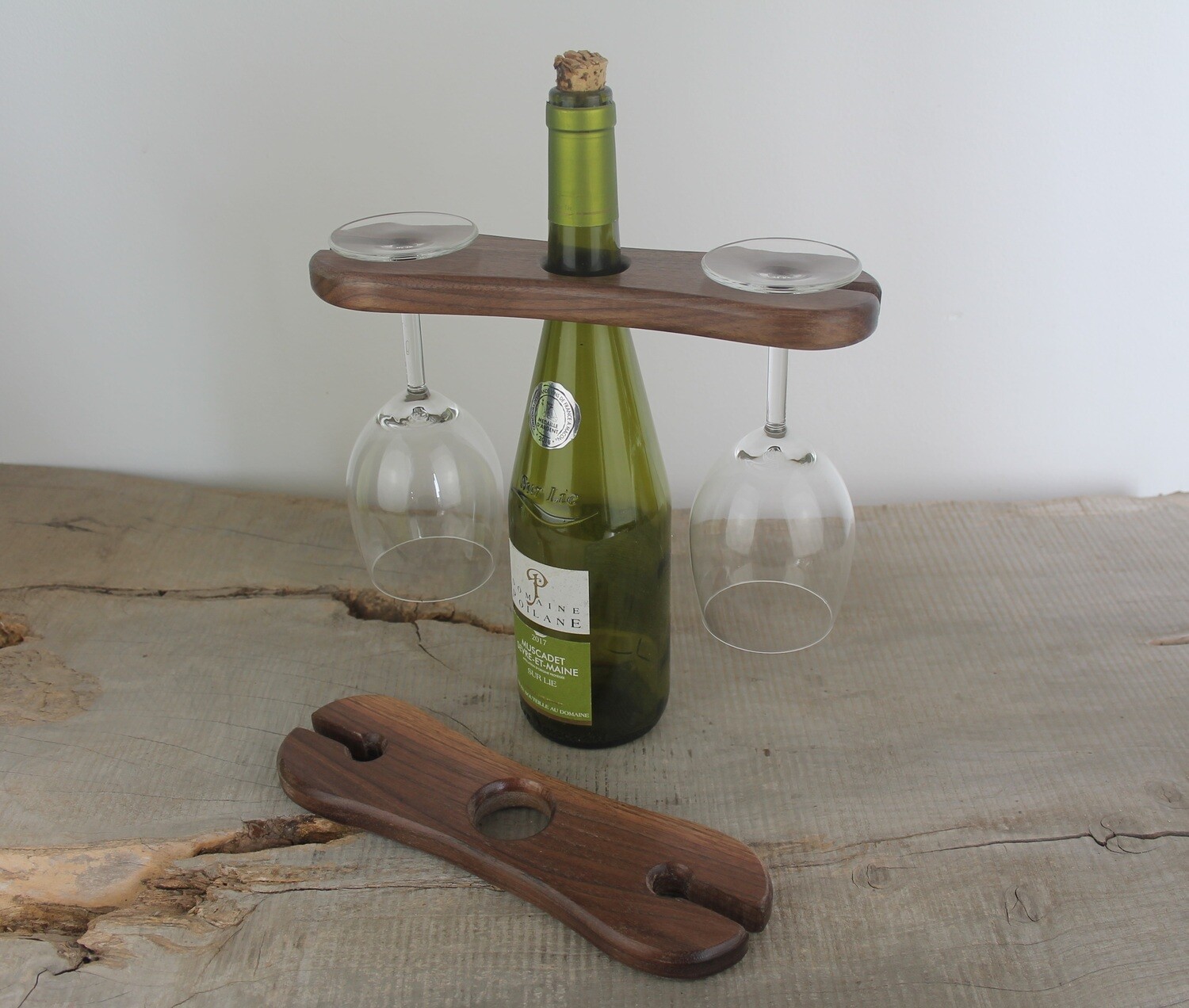 Walnut Wine Caddy For Wine Bottle And Two Glasses