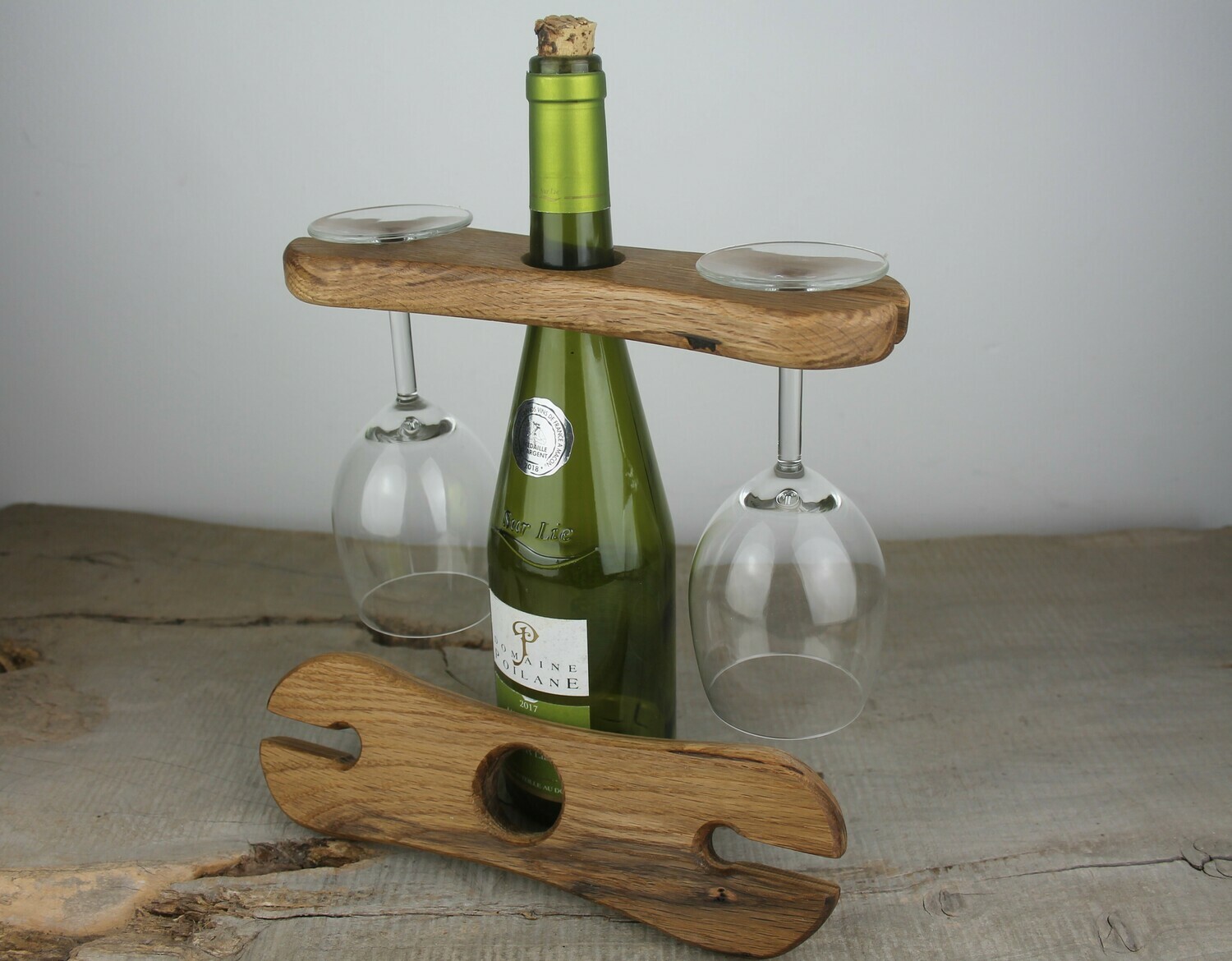 Rustic Oak Wine Caddy For Bottle And Two Glasses