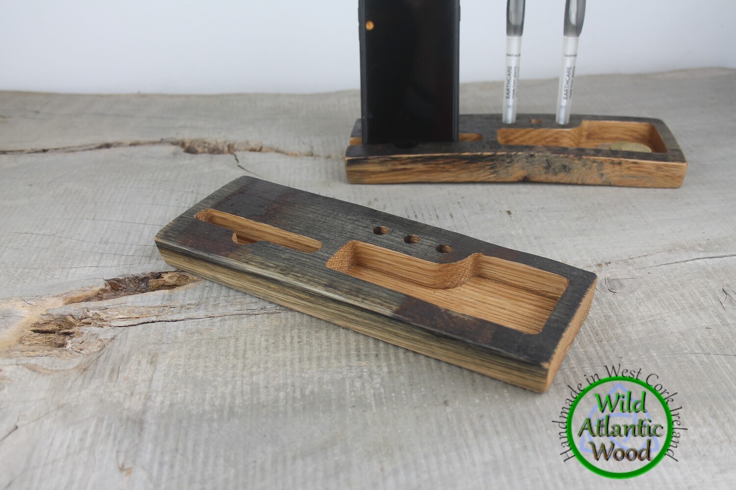 Desk Organizer Phone Stand Handmade from an Authentic Whiskey Barrel Stave