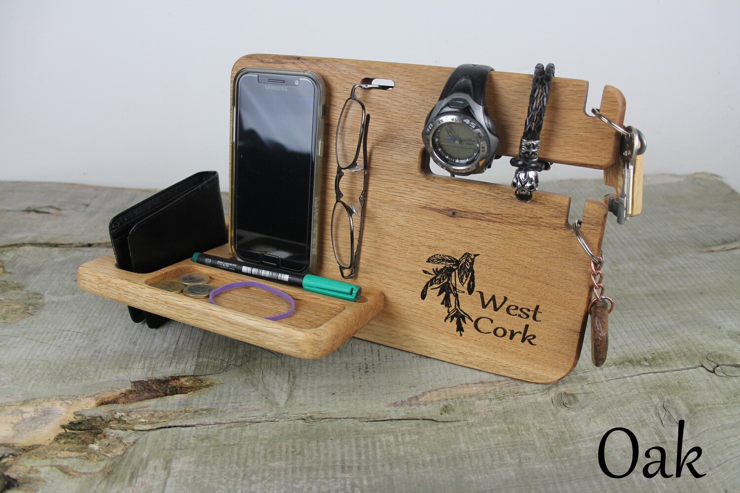 Solid Oak Desk Organizer, Phone Stand, and Charging Station