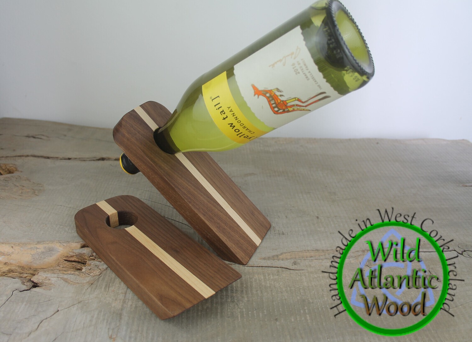 Magic Balancing Wine Bottle Holder, Handmade Floating Wooden Bottle Stand, Walnut and Maple, Housewarming Gift