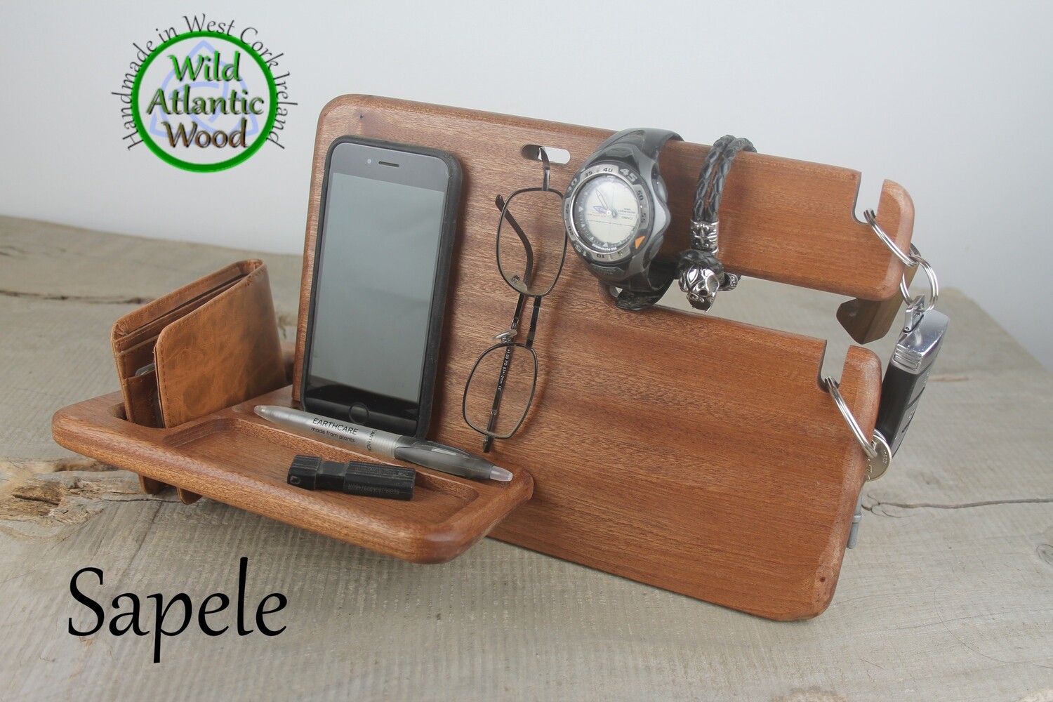 Sapele Desk Organizer, Phone Stand, and Charging Station