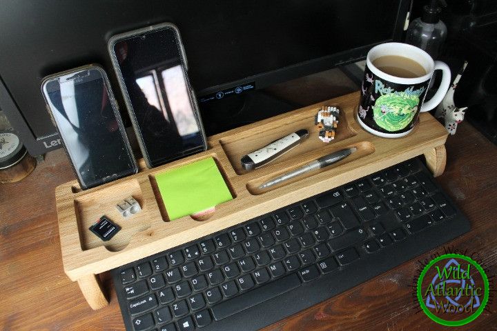 Desk Organizer With Dual Docking Station Handmade From Solid Oak Perfect For Home Or Office, Can Be Personalized
