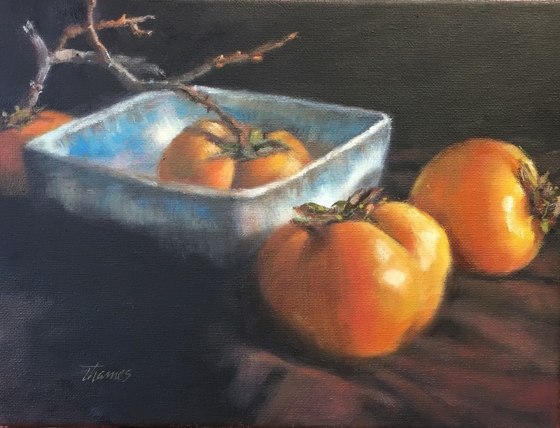 BLUE BOWL WITH PERSIMMONS - SOLD
