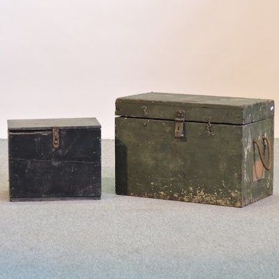 Lot 58,   A green painted military style wooden box, 61cm, together with another smaller 30/40