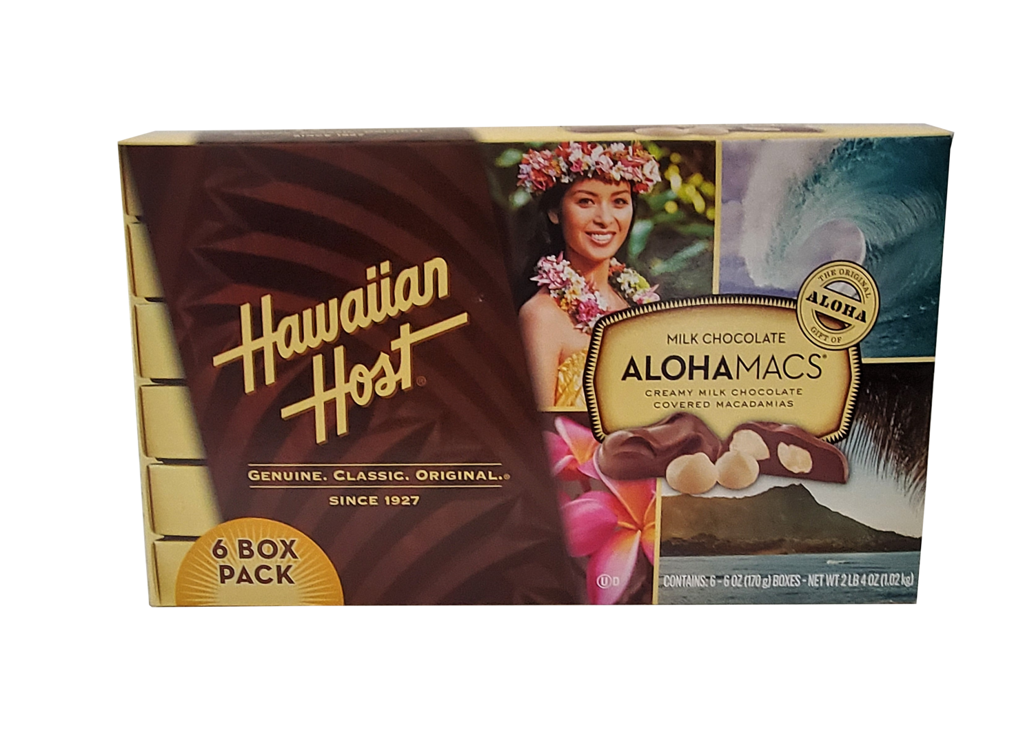 Hawaiian Host "ALOHAMACS" Milk Chocolate Covered Macadamia Nuts   6 Pack / 6 oz each  Tote Set