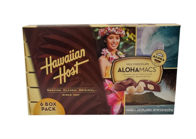 Hawaiian Host "ALOHAMACS" Milk Chocolate Covered Macadamia Nuts   6 Pack / 6 oz each  Tote Set