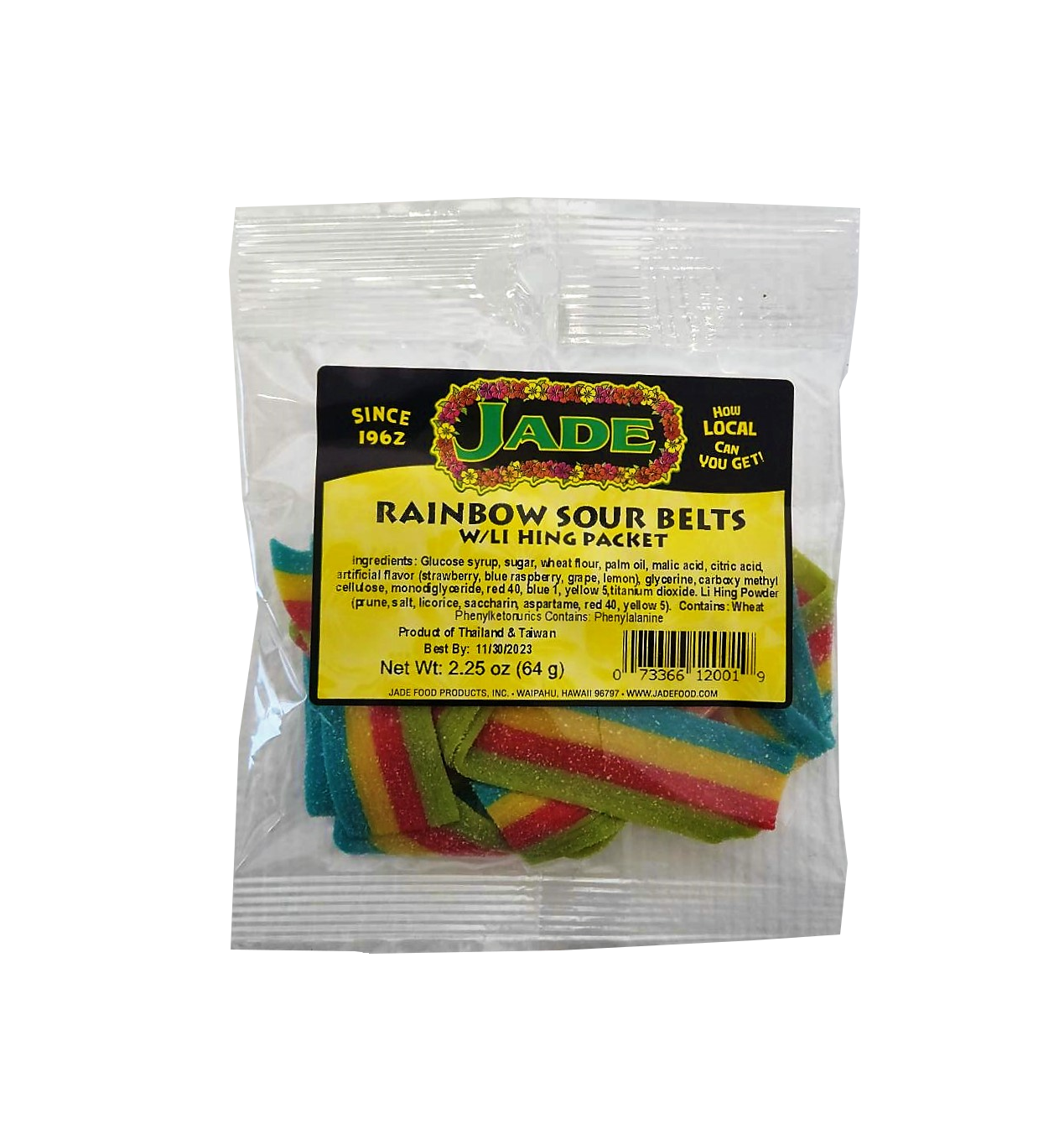 Jade Rainbow Sour Belts w/ Li Hing Packet 2.25 oz (NOT FOR SALE TO CALIFORNIA) Jade Rainbow Sour Belts w/ Li Hing Packet 2.25 oz (NOT FOR SALE TO CALIFORNIA)