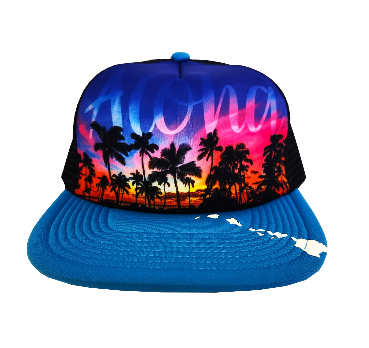 Hawaiian Headwear Front Photo Sunset Foam Trucker Hat - Blue