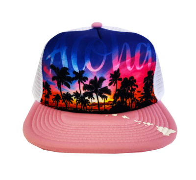 Hawaiian Headwear Front Photo Sunset Foam Trucker Hat - Pink