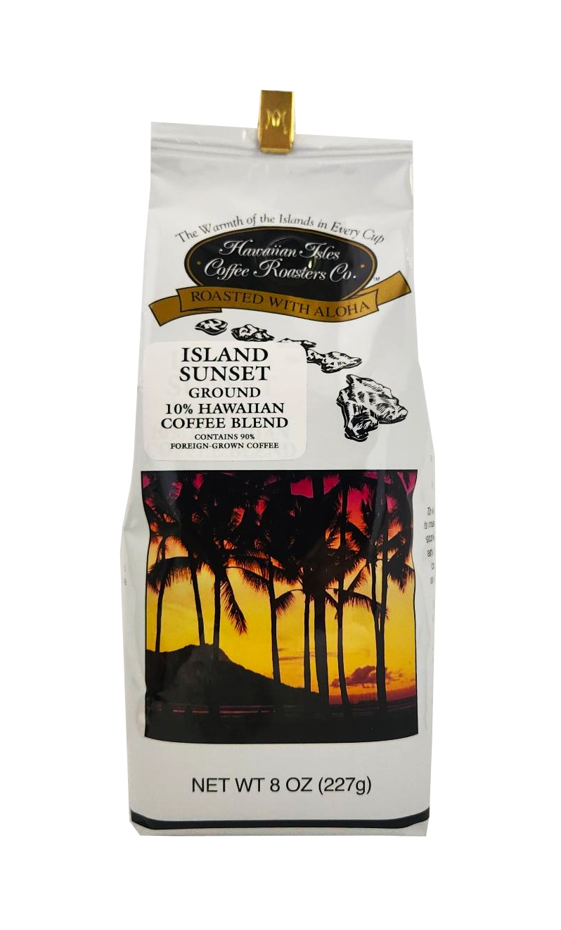 Hawaiian Isles Coffee Roasters Co. Island Sunset Ground Coffee 10% Hawaiian Coffee Blend 8oz.