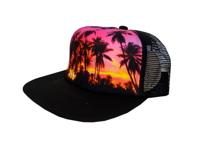Hawaiian Headwear Foam Foam Photo Sunset Trucker Hat - Black