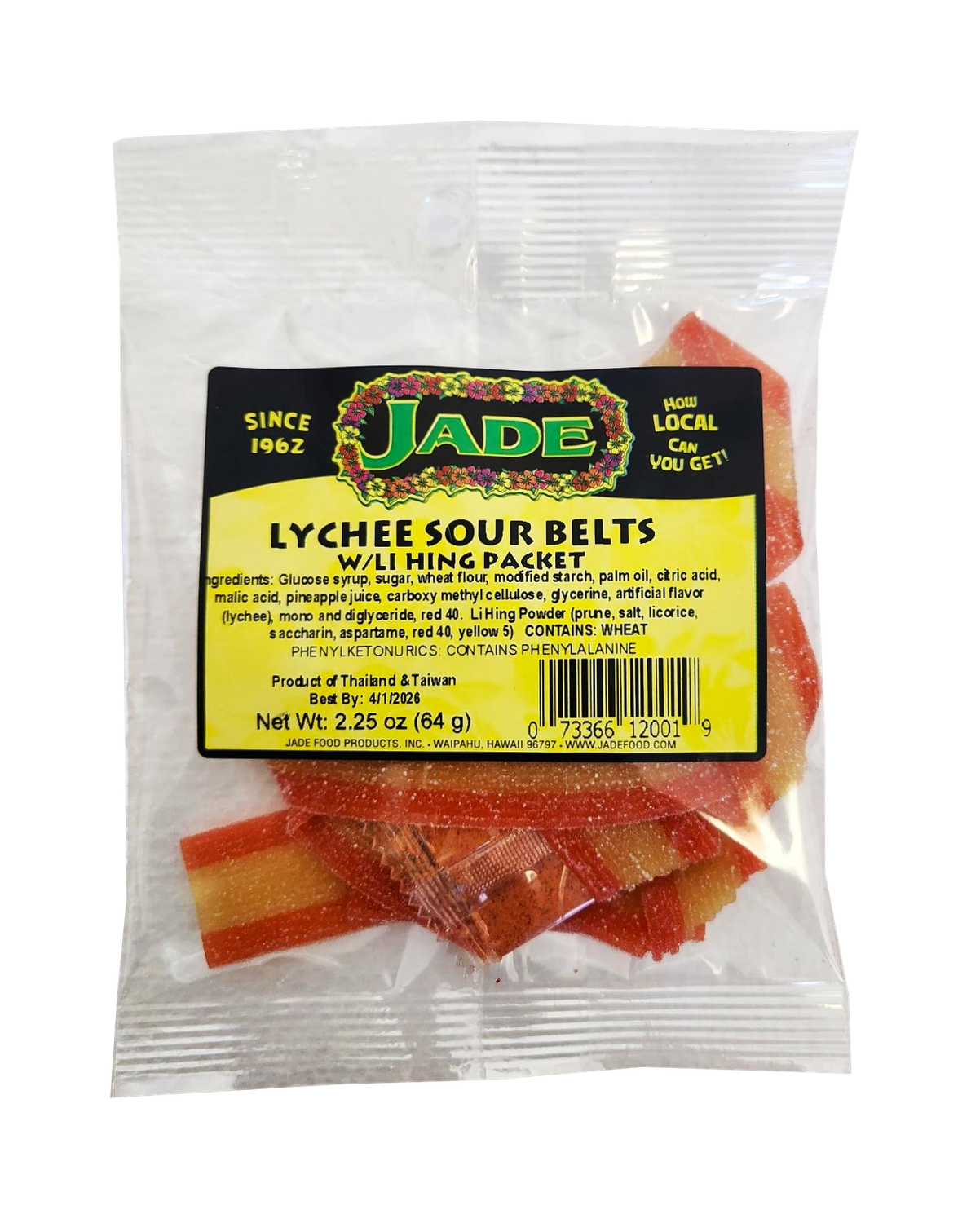Jade Lychee Sour Belts w/Li Hing Packet 2.25 oz (NOT FOR SALE TO CALIFORNIA) Jade Lychee Sour Belts w/Li Hing Packet 2.25 oz (NOT FOR SALE TO CALIFORNIA)