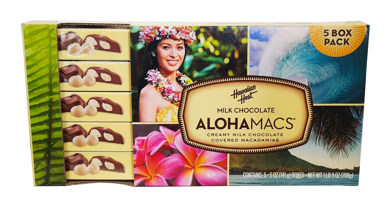 Hawaiian Host &quot;ALOHAMACS&quot; Milk Chocolate Covered Macadamia Nuts 5 Pack / 5 oz each gift box