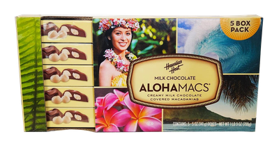 Hawaiian Host &quot;ALOHAMACS&quot; Milk Chocolate Covered Macadamia Nuts 5 Pack / 5 oz each gift box