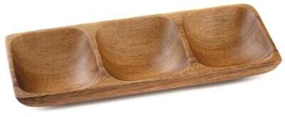Wooden 3 Container Sauce Dish  7.5"x3"x7/8"