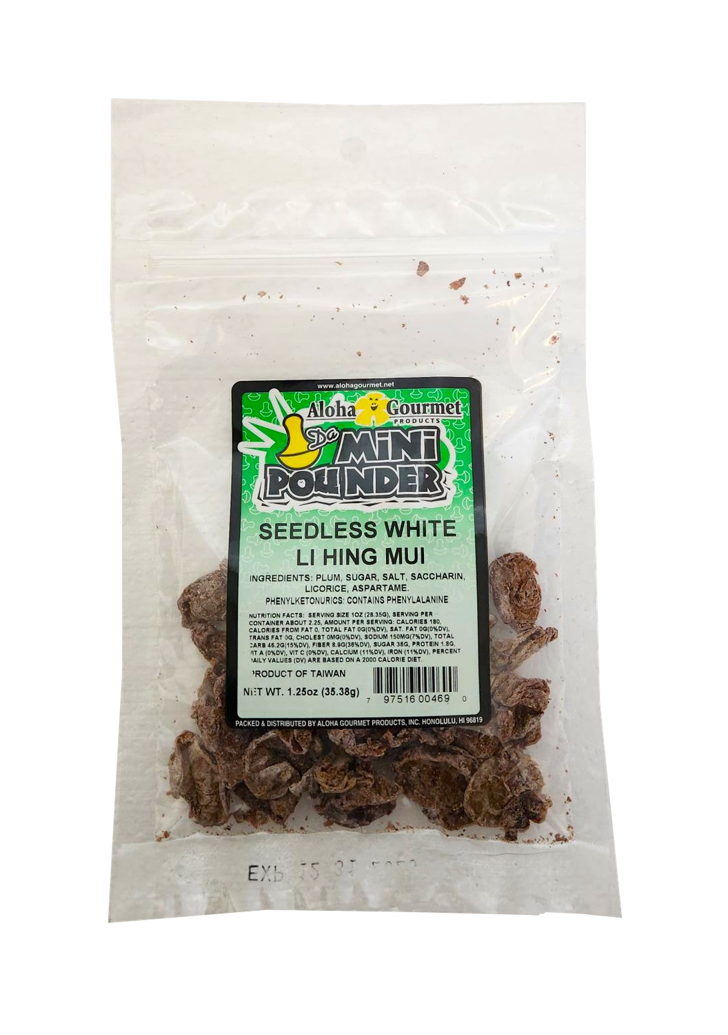 Aloha Gourmet Da Mini Pounder Seedless White Li Hing Mui 1.25 oz (NOT FOR SALE TO CALIFORNIA)