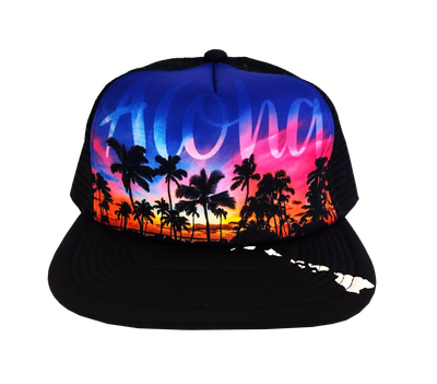 Hawaiian Headwear Front Photo Sunset Foam Trucker Hat - Black