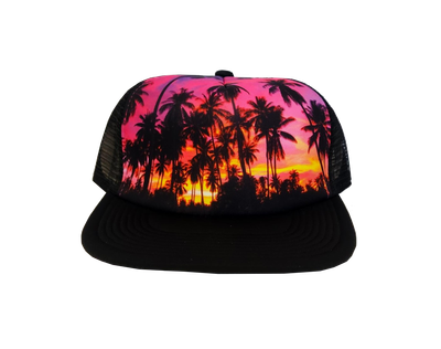 Hawaiian Headwear Foam Foam Photo Sunset Trucker Hat - Black