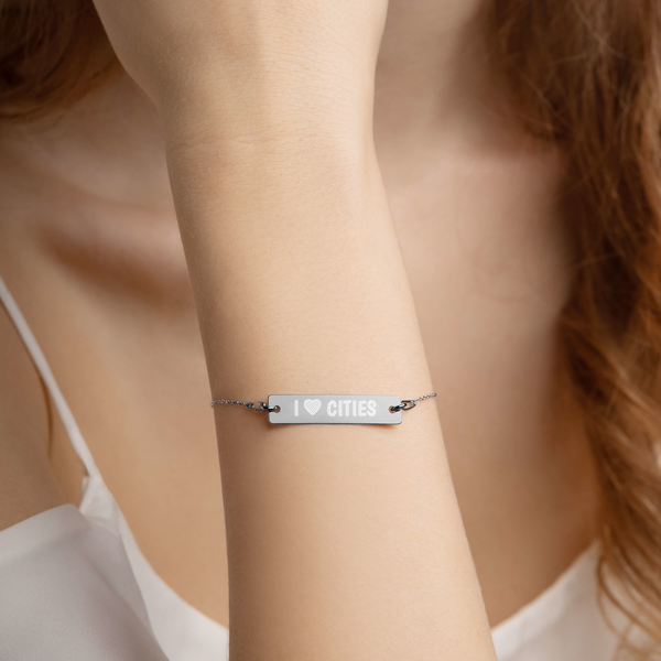 I Love Cities - Engraved Silver Bar Chain Bracelet